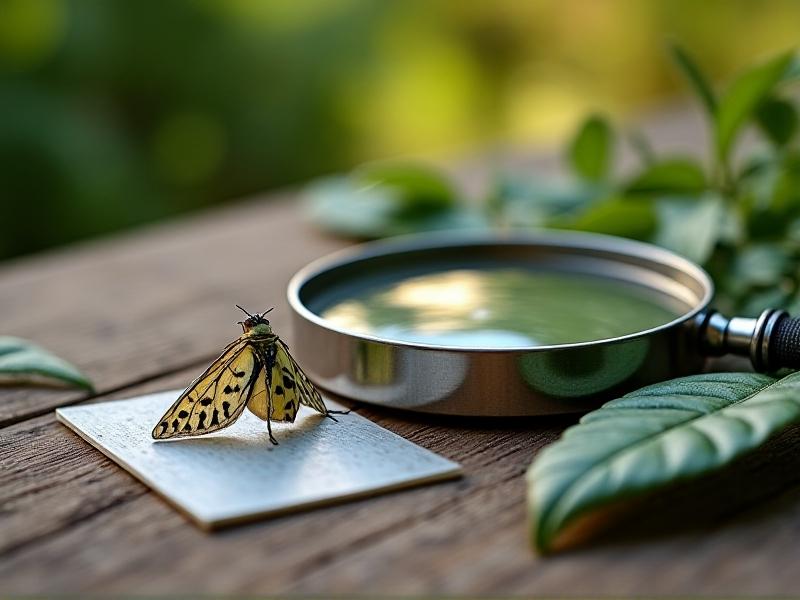 A collection of Integrated Pest Management tools, including sticky traps, magnifying glasses, and natural predator insects, arranged on a wooden table. The image emphasizes the diverse methods used in IPM to control pests sustainably.