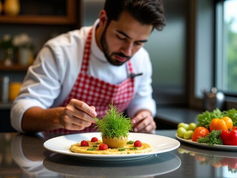 A close-up of a chef garnishing a gourmet dish with fresh microgreens, emphasizing their use in high-end cuisine and their potential for premium pricing.