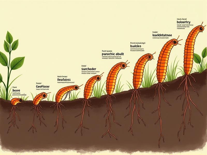 An illustrative diagram of the lifecycle of beneficial nematodes, depicting their stages from soil-dwelling juveniles to parasitic adults inside a host insect. The image uses vibrant colors and clear labels to explain each phase of their development.