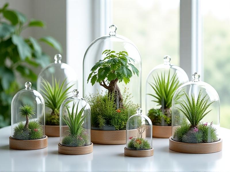 A collection of various nano-greenhouse designs on a white table, including glass domes, terrariums, and metal-framed structures. Each greenhouse is filled with different types of plants, showcasing the diversity of styles and options available.