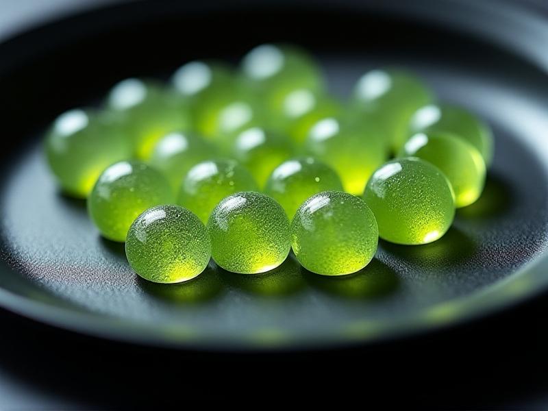 A close-up of a molecular gastronomy dish featuring spherified droplets of microgreen essence, arranged on a sleek black plate. The droplets are translucent, with a hint of green, and the plate is illuminated by a spotlight, creating a dramatic effect.