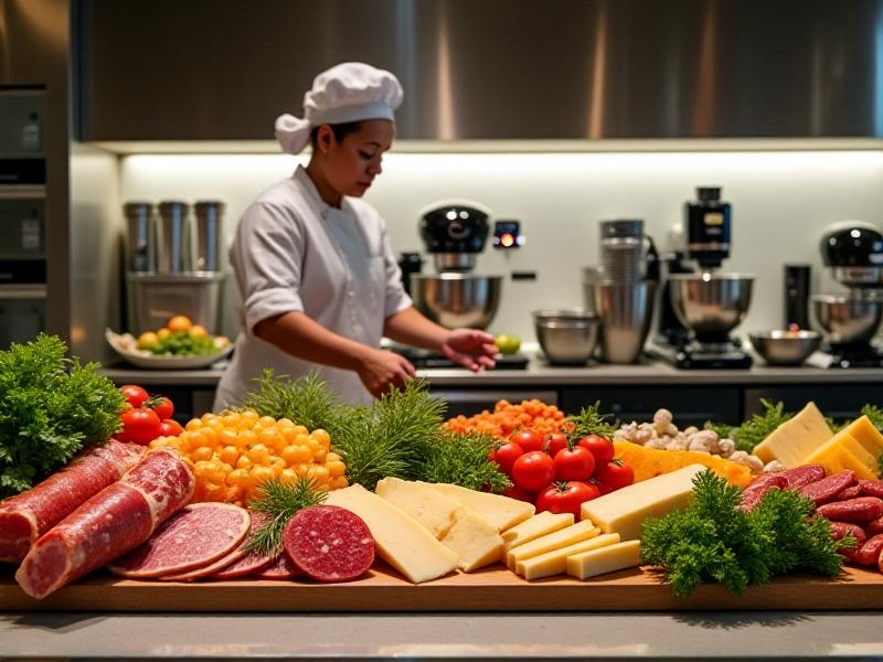 A beautifully arranged display of premium ingredients and state-of-the-art kitchen equipment in a high-end restaurant kitchen. The image showcases the attention to detail and quality that goes into tailoring B2B offerings for luxury dining establishments. The setting is bright and clean, emphasizing the professionalism and precision required in this market.