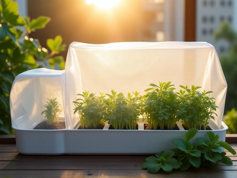 An assortment of weatherproofing materials for microgreens, including plastic covers, mesh screens, and insulated grow boxes, neatly arranged on a balcony. The image showcases the variety of options available to protect microgreens from different weather conditions.