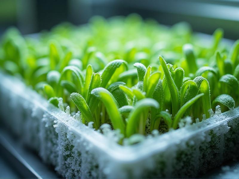 A close-up of a freeze-drying machine in operation, with trays of microgreens inside. The machine is sleek and modern, with frost forming on the edges of the trays. The microgreens appear frozen and delicate, with a soft white frost covering their surfaces.