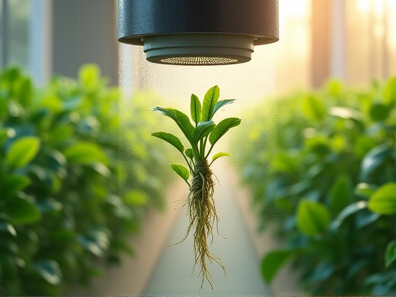 A diagram illustrating the aeroponic system, showing plant roots suspended in air with a misting nozzle delivering nutrient-rich solution. The image highlights the efficiency and precision of nutrient delivery in aeroponic systems.