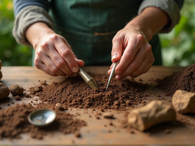 A gardener’s hands holding a soil testing kit with various tools and samples on a wooden table. The image conveys the importance of soil analysis, with detailed focus on the tools and the texture of the soil samples.