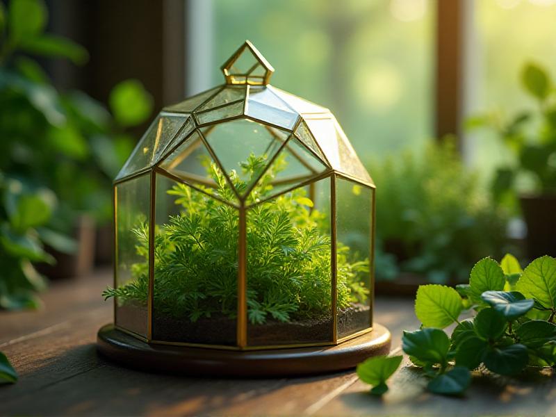 A close-up of a nano-greenhouse on a wooden desk, filled with vibrant green plants. The background is blurred, highlighting the plants’ lush foliage and the greenhouse’s intricate design. The image conveys a sense of calm and rejuvenation.