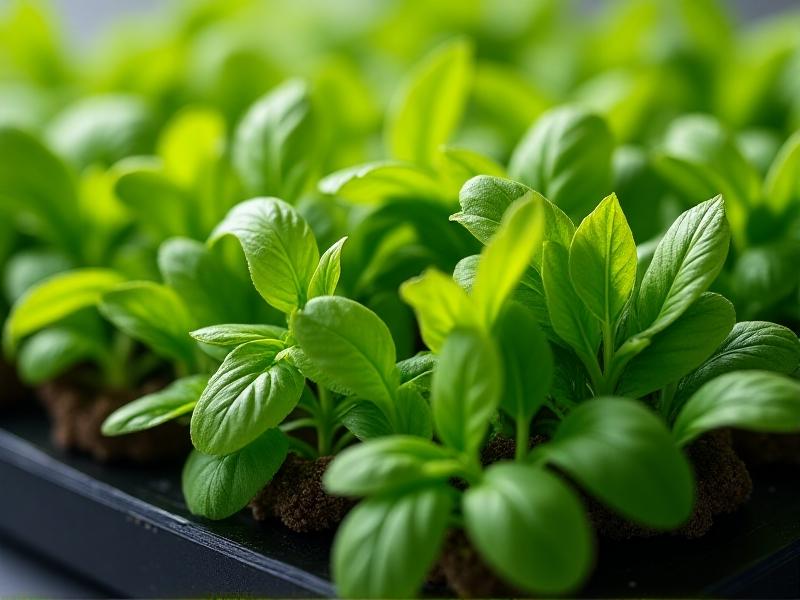 A close-up of a microgreen tray with basil and arugula growing side by side, their leaves intermingling in a harmonious display. The vibrant green basil leaves contrast beautifully with the slightly darker arugula, while the soft, diffused lighting highlights the health and vitality of the plants.
