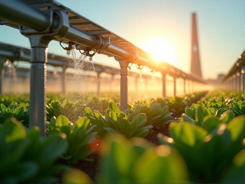 A close-up of a solar-powered irrigation system in a microfarm, with water sprinklers gently watering rows of green crops under a clear blue sky, highlighting sustainable farming practices.