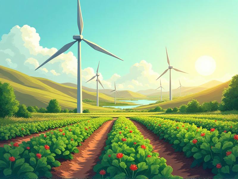 A scenic view of a microfarm with tall wind turbines spinning gracefully in the breeze, set against a backdrop of rolling hills and a bright blue sky, illustrating the synergy between wind energy and agriculture.