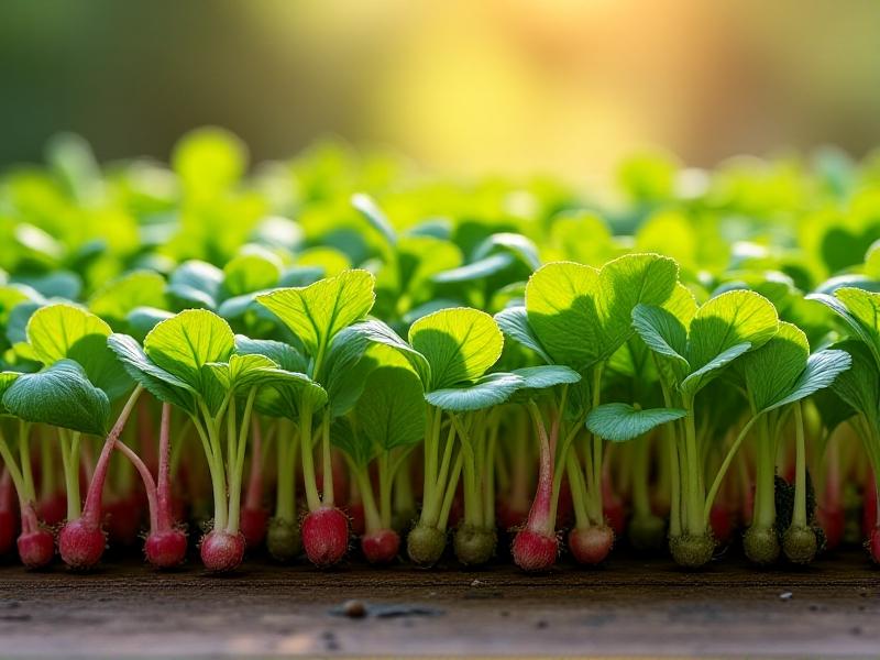 A colorful assortment of microgreens arranged in neat rows on a wooden table, including radish, sunflower, and pea shoots. The image is bathed in soft, diffused light, highlighting the vibrant greens and reds of the microgreens.
