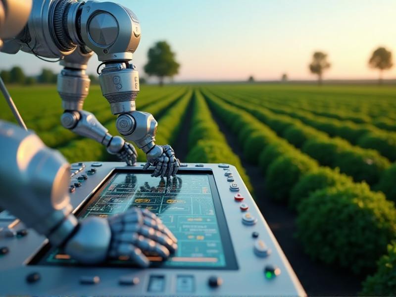 A detailed close-up of an automated harvesting machine's control panel and robotic arms, highlighting advanced features such as touchscreen interfaces, precision sensors, and adjustable settings. The machine is set against a backdrop of a modern farm with neatly plowed fields and a clear horizon.