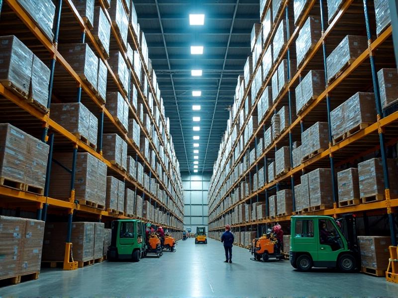 A bustling industrial warehouse with multiple vertical stacking systems in use, storing various trays of goods under bright fluorescent lighting, highlighting the system's versatility and efficiency in a real-world setting.