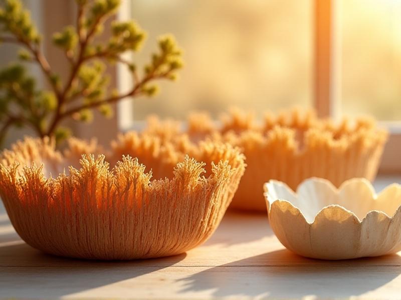 A close-up of various sustainable packaging materials, including plant-based plastics, mushroom mycelium containers, and recycled paper trays. The image highlights the textures and natural colors of these eco-friendly alternatives.