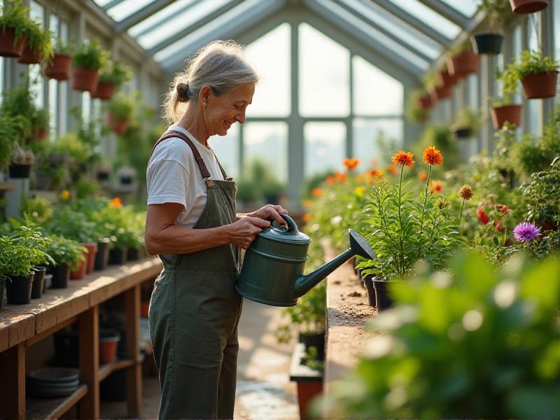 A gardener gently waters seedlings from the bottom using a tray filled with water. The image captures the delicate process in a bright, airy greenhouse with soft natural lighting.