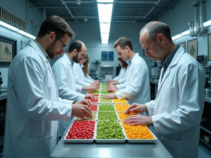 A modern laboratory setting with scientists in white coats examining trays of hybrid seeds under bright fluorescent lights, emphasizing the precision and innovation behind hybrid seed development.