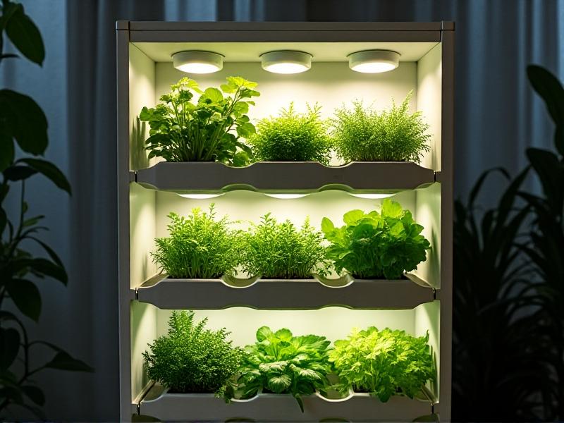 A well-organized IKEA cabinet with neatly arranged hydroponic components, including water reservoirs, grow lights, and plant trays, demonstrating a practical and stylish urban gardening solution.