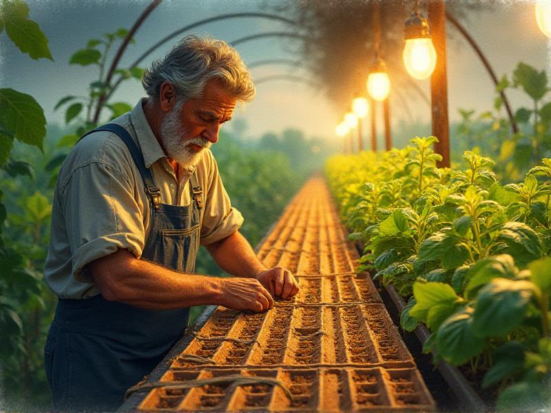 A farmer carefully monitoring seeds during the priming process, with a focus on the precision and care required to avoid over-priming. The image captures the concentration and expertise needed to navigate the challenges of seed priming.