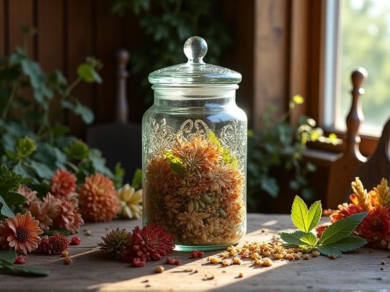 An antique glass jar filled with heirloom seeds, surrounded by dried plants and vintage gardening tools, set against a rustic wooden background, conveying a sense of tradition and timelessness.