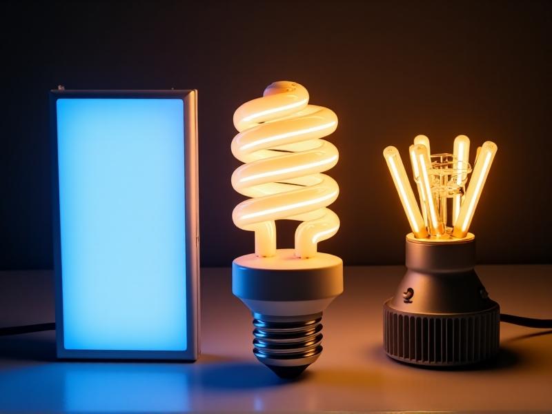 A side-by-side comparison of three types of grow lights: a sleek LED panel, a spiral CFL bulb, and a bulky HID fixture. The LED emits a bright, full-spectrum light, the CFL glows softly, and the HID casts an intense beam, showcasing their differences in design and functionality.