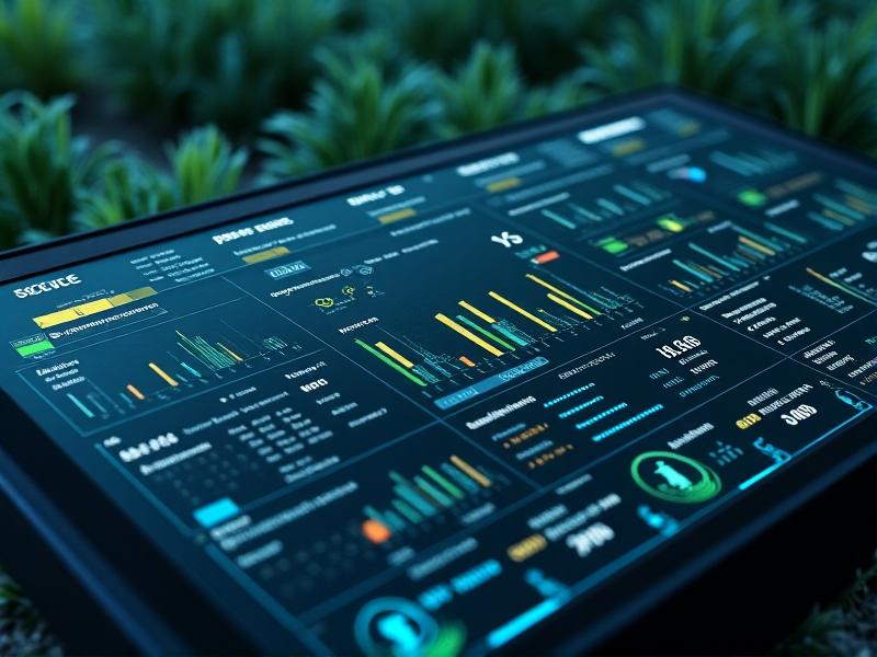 A digital dashboard displaying predictive analytics data for soil monitoring. The screen shows graphs, charts, and alerts related to soil moisture, nutrient levels, and weather forecasts. The interface is clean and modern, with a color scheme of blues and greens, conveying a sense of advanced technology and data-driven decision-making.