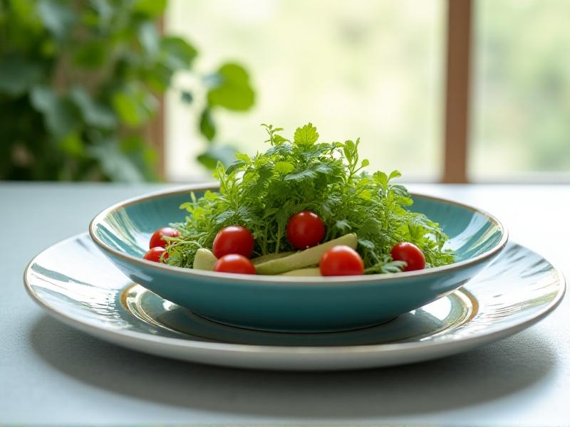 A colorful salad bowl featuring a mix of microgreens, cherry tomatoes, avocado slices, and a light vinaigrette dressing, arranged on a white plate with soft, natural lighting enhancing the vibrant colors.