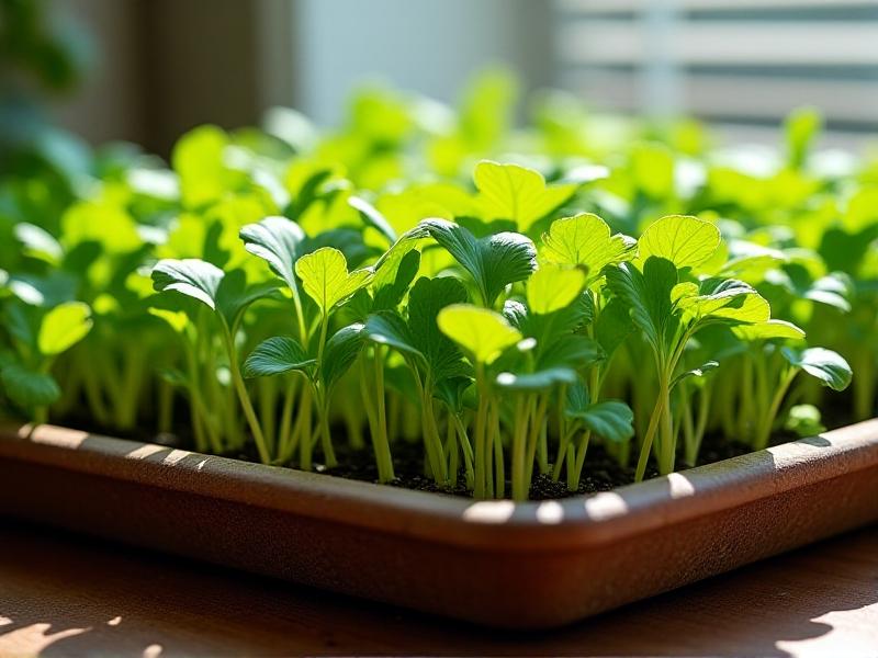 A curated selection of microgreen seedlings, including radish, cilantro, and lettuce, growing together in a tray. The diverse textures and shades of green create a visually appealing arrangement, while the natural sunlight filtering through a nearby window adds warmth and depth to the scene.