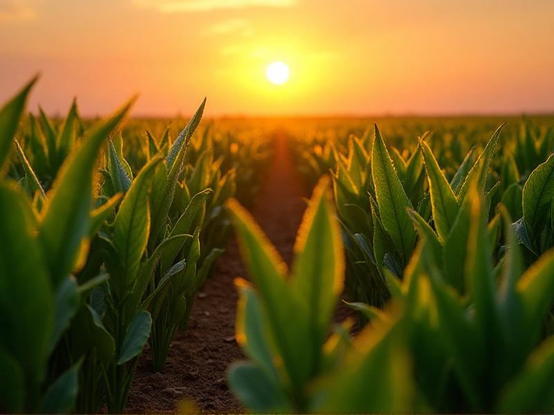 A field of healthy plants thriving under harsh sunlight, with strong stems and vibrant green leaves, demonstrating the resilience provided by silica supplementation in challenging environmental conditions.