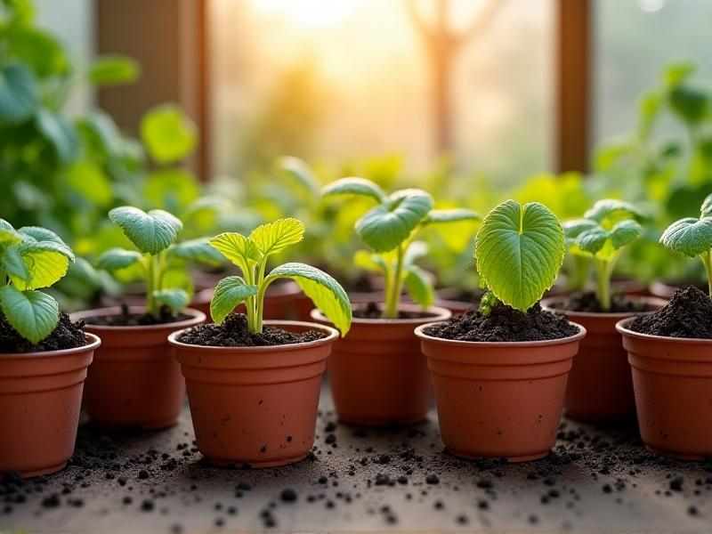 An array of biodegradable seed-starting pots filled with sterile potting mix, arranged on a wooden table in a sunlit greenhouse. The image conveys a sense of preparation and care in gardening.