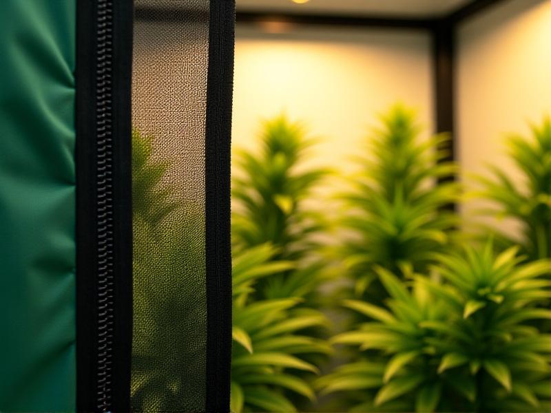 Close-up of an insect-proof grow tent’s features, including a sturdy zipper, fine mesh ventilation windows, and a reflective interior lining. The tent is set up in a clean, well-lit indoor space, showcasing its robust construction and attention to detail.