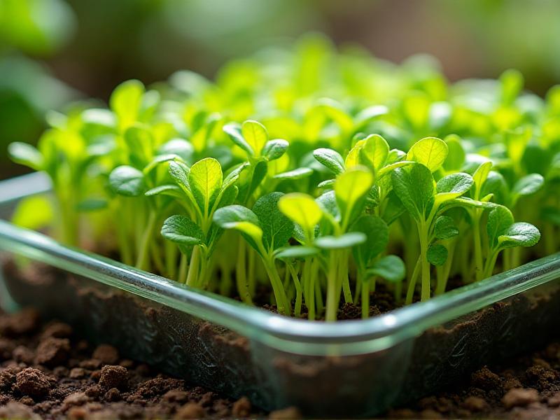 A lush tray of microgreens, including arugula, radish, and broccoli, growing in rich soil. The image captures their vibrant green hues and delicate leaves, with soft natural lighting emphasizing their freshness.