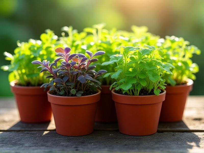 A colorful array of microgreens displayed in small pots, including radish, sunflower, and broccoli varieties. The vibrant greens and purples of the microgreens are set against a rustic wooden background, with soft sunlight highlighting their freshness and diversity.