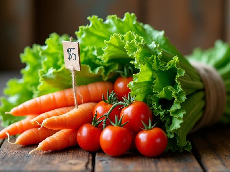 A vendor’s table displaying a bundle of fresh vegetables, including lettuce, carrots, and tomatoes, tied together with twine. The bundle is priced at $5, and the vibrant colors of the vegetables stand out against a rustic wooden background.