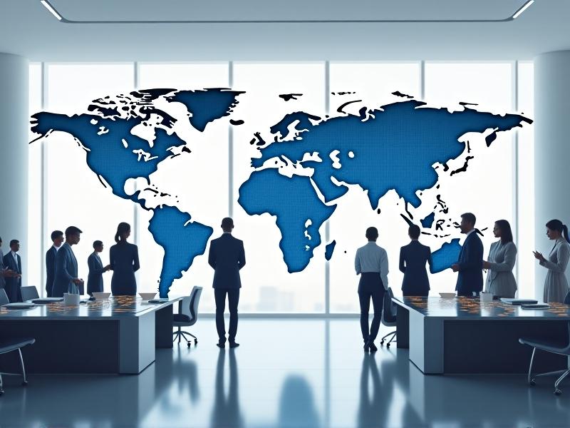A detailed illustration of a global supply chain network, with arrows representing the movement of goods across continents, overlaid with blockchain icons, set in a bright, modern office environment with a focus on collaboration and transparency.