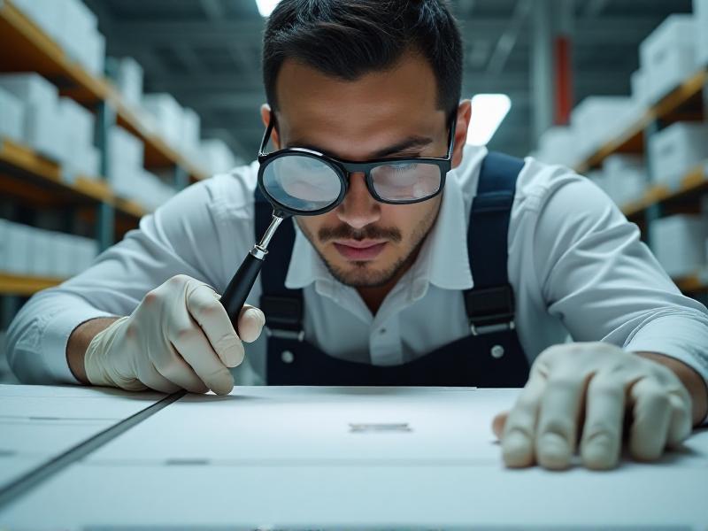 A detailed close-up of a quality control inspector examining white label products in a manufacturing facility, with a focus on the precision and attention to detail in the inspection process, set in a well-lit industrial environment.