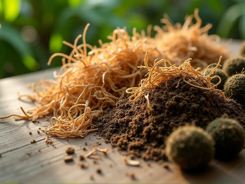 A detailed image of the materials used in biodegradable growing mats, including coconut coir fibers and peat moss, arranged neatly on a wooden surface with natural light enhancing the texture and color.