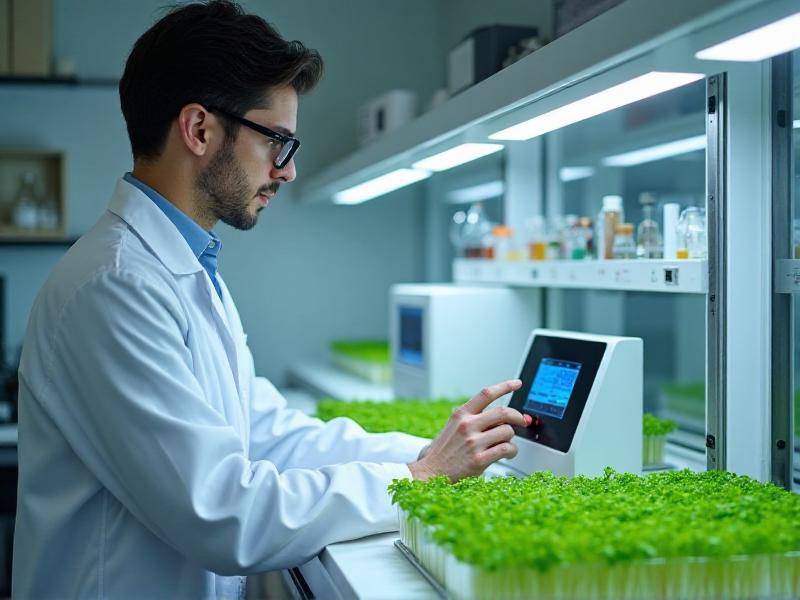A scientist in a lab coat carefully analyzing antioxidant levels in 14-day-old microgreens using advanced laboratory equipment, with a focus on precision and scientific accuracy.
