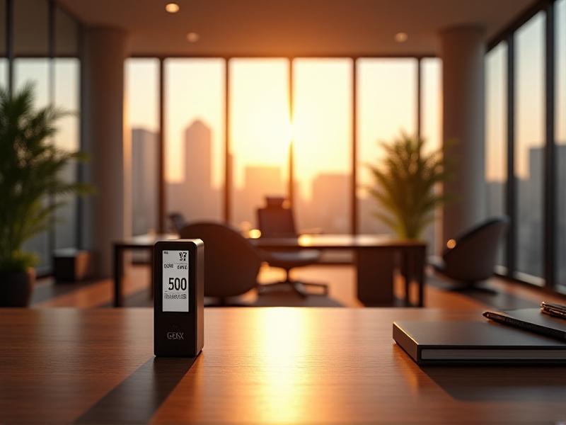 A well-lit office space with a lux meter placed on a desk, showing a reading of 500 lux. The room features modern furniture, large windows letting in natural light, and warm artificial lighting. The atmosphere is professional yet inviting.