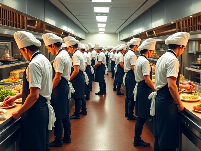 A diverse group of food service workers in a bustling restaurant kitchen, including chefs, servers, and kitchen staff, all wearing uniforms and hairnets. The image captures the teamwork and focus required in a busy food service environment, with an emphasis on hygiene and safety.