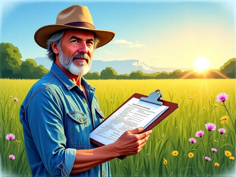 A farmer holding a clipboard with application forms, standing in a lush green field under a bright blue sky, symbolizing the beginning of the organic certification journey.