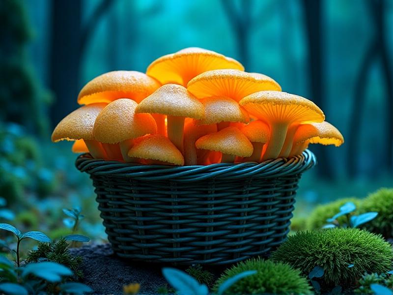 A basket of fresh, earthy mushrooms illuminated by soft UV light, showcasing their enhanced vitamin D content. The image captures the natural texture and color of the mushrooms, with a warm, inviting tone that emphasizes their nutritional benefits.