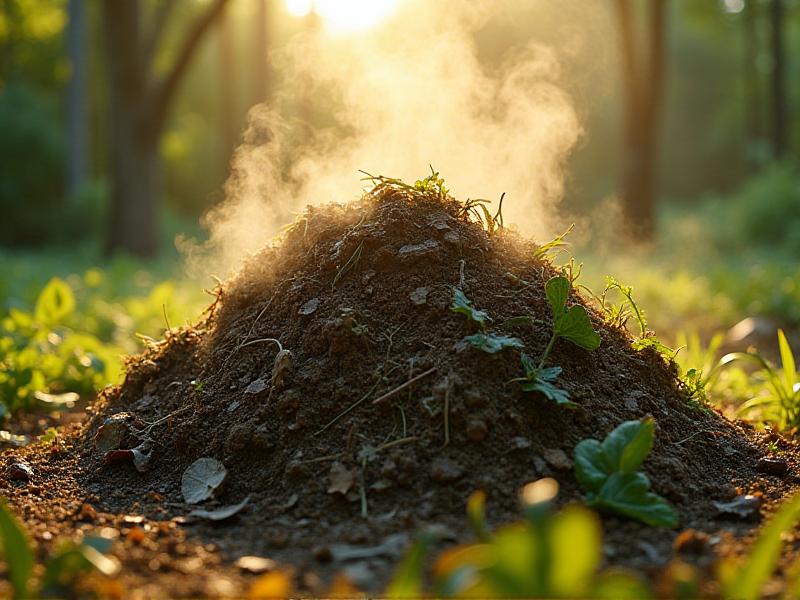 A vibrant compost pile featuring spent growing mediums, vegetable scraps, and leaves, with steam rising to indicate active decomposition. The image has warm, natural lighting and a lush green background, symbolizing the renewal of organic materials.