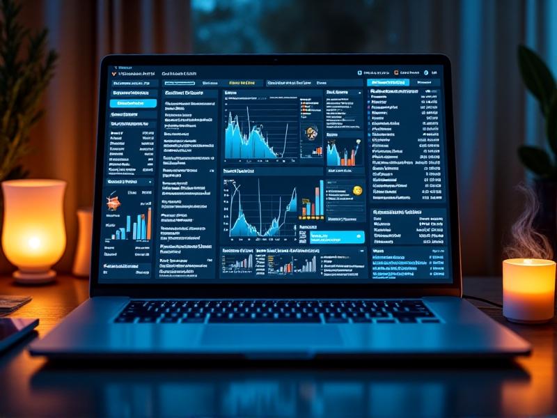 A close-up of a laptop screen showing a social media dashboard with various metrics and alerts. The screen is cluttered with graphs, notifications, and comments, indicating active monitoring of online conversations. The setting is a dimly lit room with a coffee cup on the desk, suggesting late-night work.