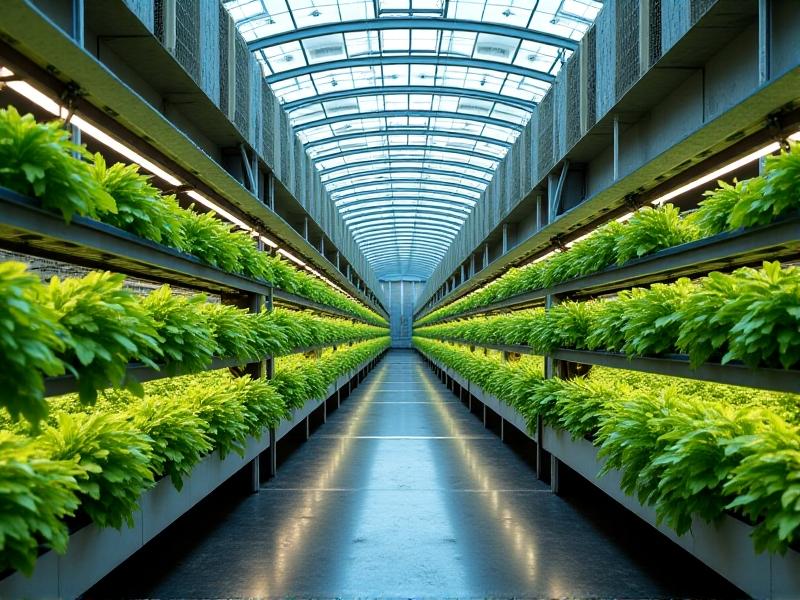 A warehouse farm powered by solar panels, with energy-efficient LED lights and a smart climate control system that adjusts settings based on real-time data.