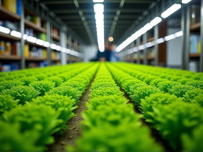 A well-organized indoor microgreen farm with rows of green trays under LED grow lights, showcasing a clean and efficient setup for commercial production.