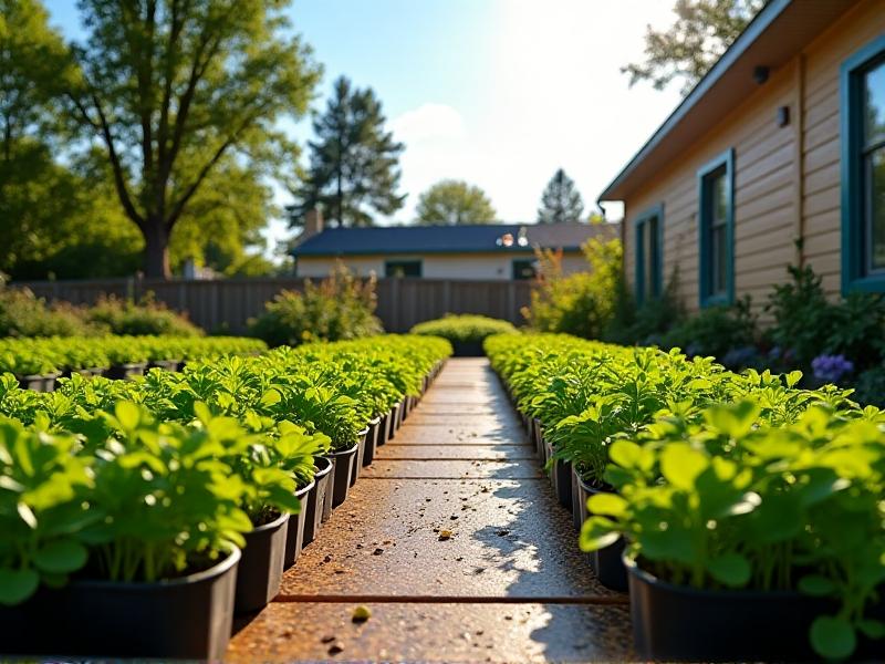 A vibrant image of a small-scale microgreen farm set up in a residential backyard. The scene includes rows of microgreens growing in black trays, a small greenhouse structure, and gardening tools neatly arranged. The background shows a cozy suburban home with a well-maintained lawn, highlighting the seamless integration of agriculture into a residential setting.