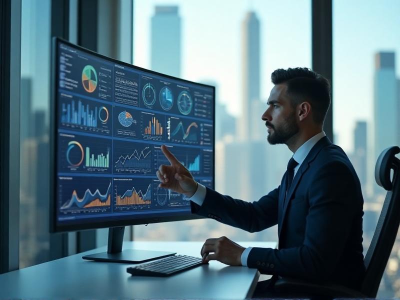 A business executive analyzing a dashboard filled with charts, graphs, and KPIs, representing data-driven decision making. The dashboard is displayed on a sleek, modern monitor, with a cityscape visible through the window in the background. The image conveys a sense of clarity and strategic focus, with a color palette of gray and blue.