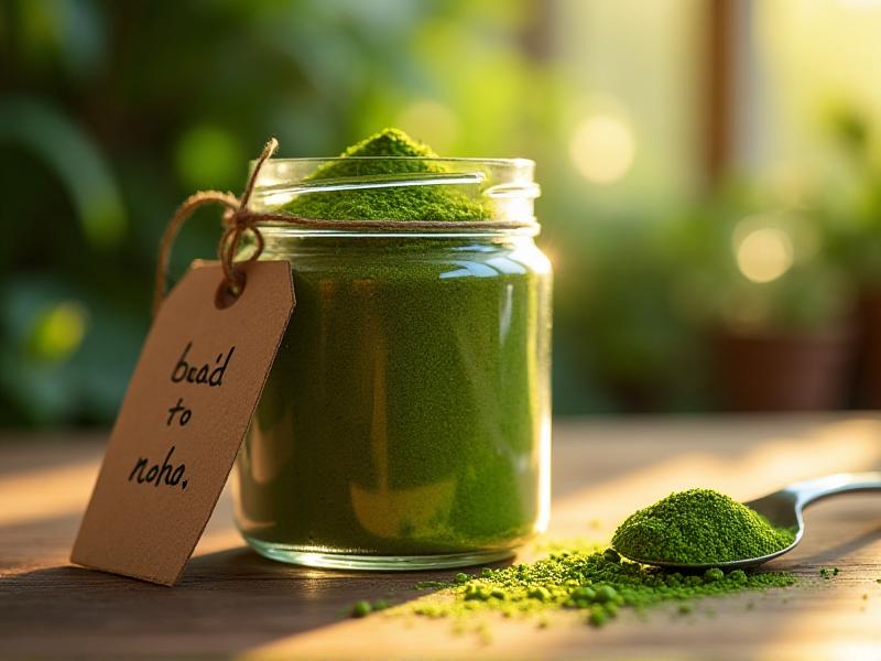 A jar of vibrant green microgreen powder sitting on a wooden countertop, with a spoon resting beside it. The powder has a fine, smooth texture, and the jar is labeled with a handwritten tag. Natural light filters through the background, creating a warm and inviting atmosphere.