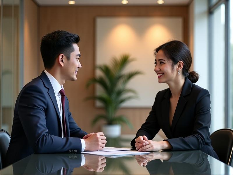 A professional meeting between a B2B sales representative and a high-end restaurant owner in a sleek, modern office. The atmosphere is collaborative and focused, with both parties engaged in a serious discussion. The image conveys the importance of trust and communication in building successful B2B relationships.