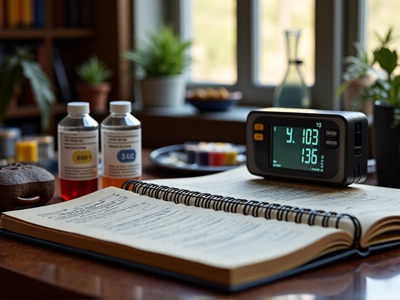 A well-organized workspace featuring a digital pH meter, calibration solutions, test strips, and a notebook for logging results. The tools are neatly arranged on a wooden table with soft natural lighting, emphasizing their importance in pH monitoring.